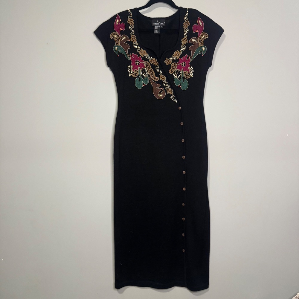 Carole Little Vintage Black Wool Blend Embroidered Beaded Knit Midi Dress Large